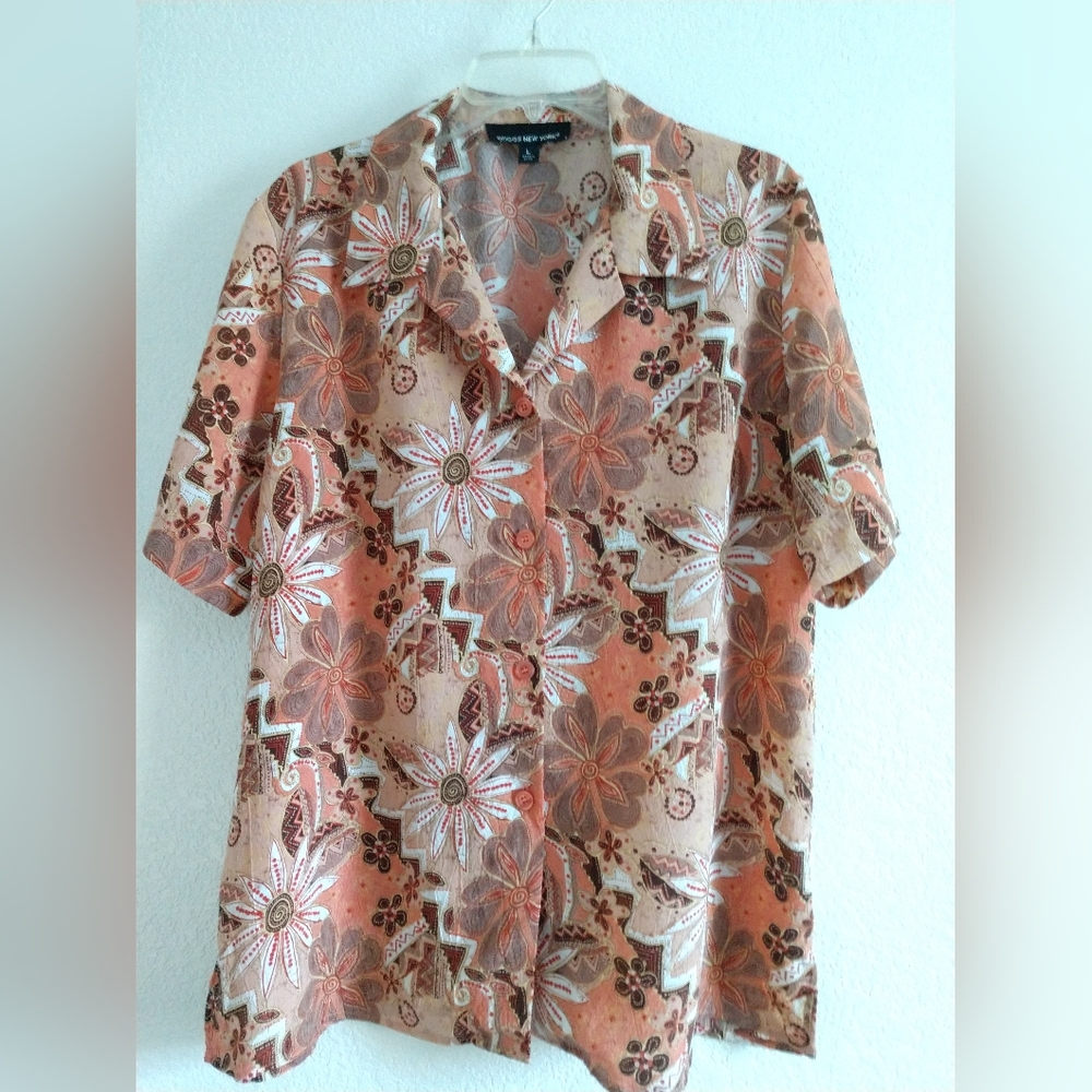 Briggs New York Pretty Floral Blouse Shirt Orange Brown Short Sleeve Size Large